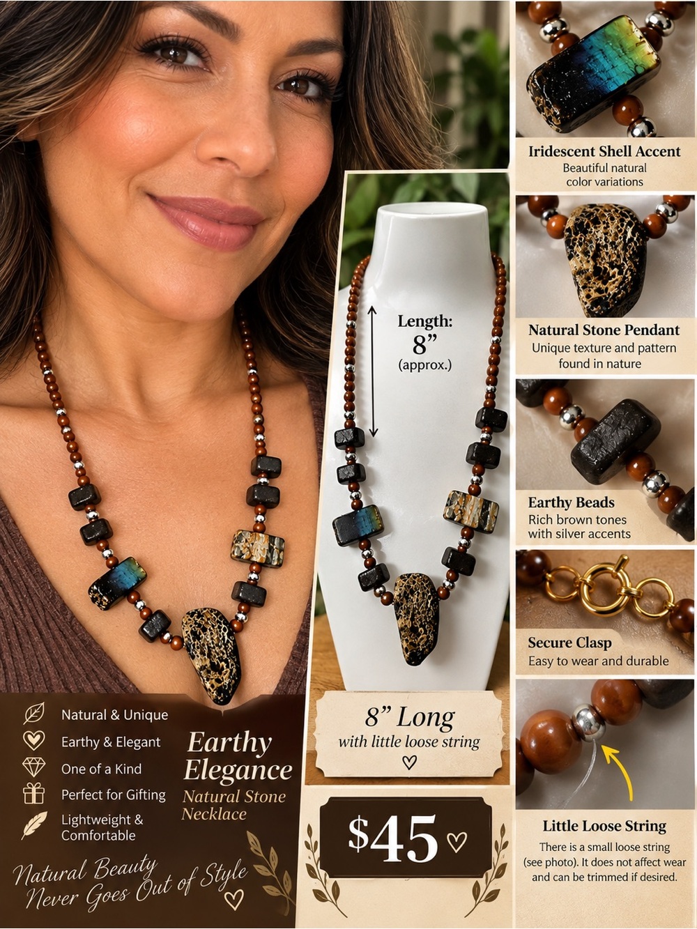 Earthy Elegance Natural Stone Necklace in Brown- loose string